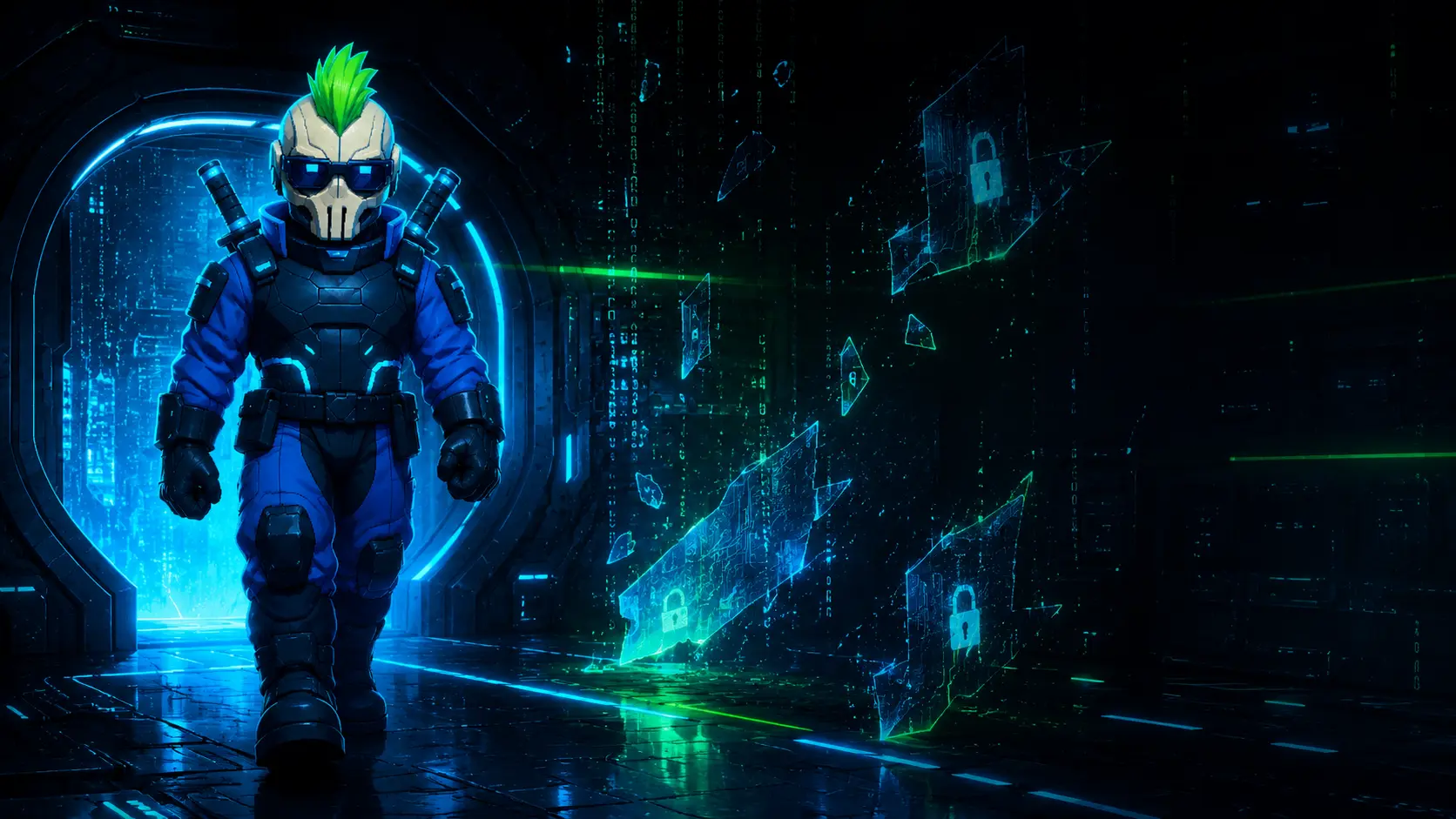 Cyber Killer walking out of an encrypted digital vault